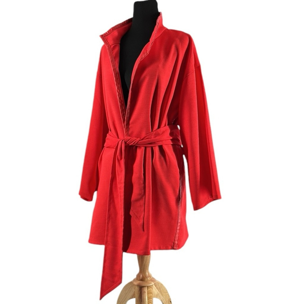 Natori Kimono Jacket faux leather flattering lines red orange tie waist sz xl